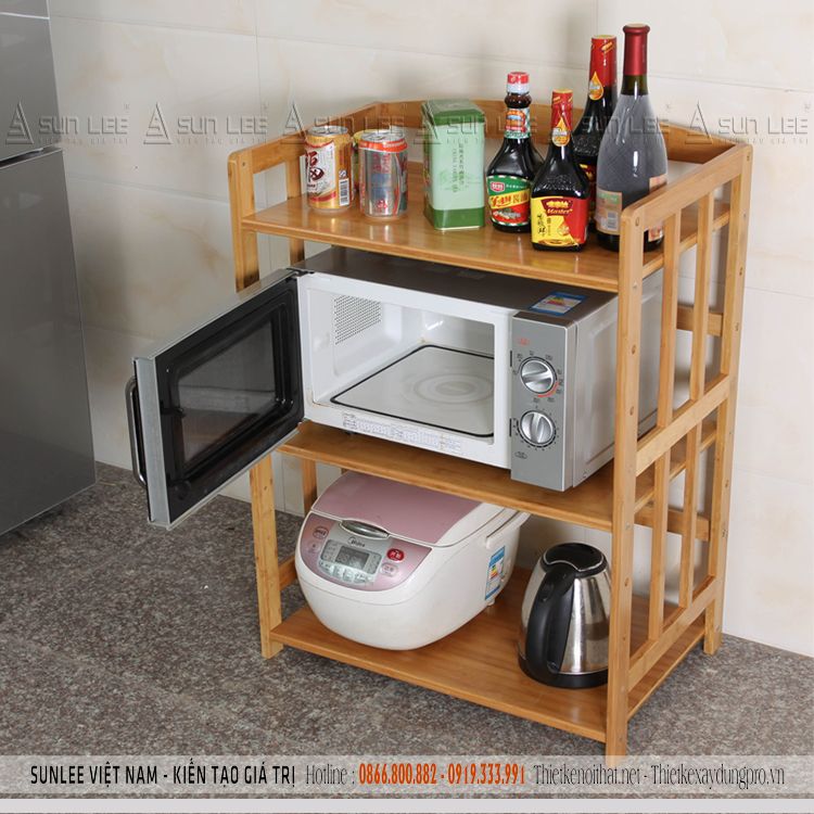 Kệ để đồ nhà bếp tích hợp tủ bếp 4 tầng, nhiều ngăn với màu sắc vân gỗ cho không gian nhà bếp hiện đại hơn