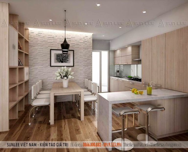 Thiết kế phòng bếp đẹp cho nhà chung cư bằng gỗ tự nhiên theo không gian mở, lấy ánh sáng tự nhiên