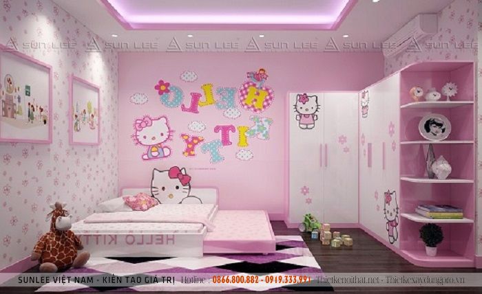 Hình ảnh Hello Kitty sẽ giúp không gian phòng ngủ của bé mang đầy màu sắc và sự sáng tạo