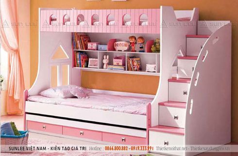 Phòng ngủ đẹp cho bé gái với thiết kế giường tầng giúp tiết kiệm nhiều không gian của phòng ngủ