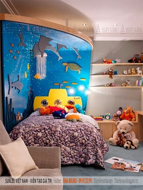 Phòng ngủ trang trí theo chủ đề đại dương xanh bắt mắt và lôi cuốn