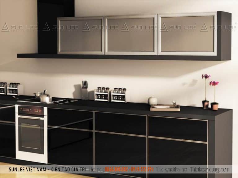 Sành điệu với tone đen của thiết kế tủ bếp nhôm kính chữ L