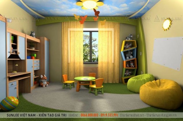 Màu sắc của 1 phòng học đẹp dành cho bé còn được thể hiện qua các vật dụng trong phòng